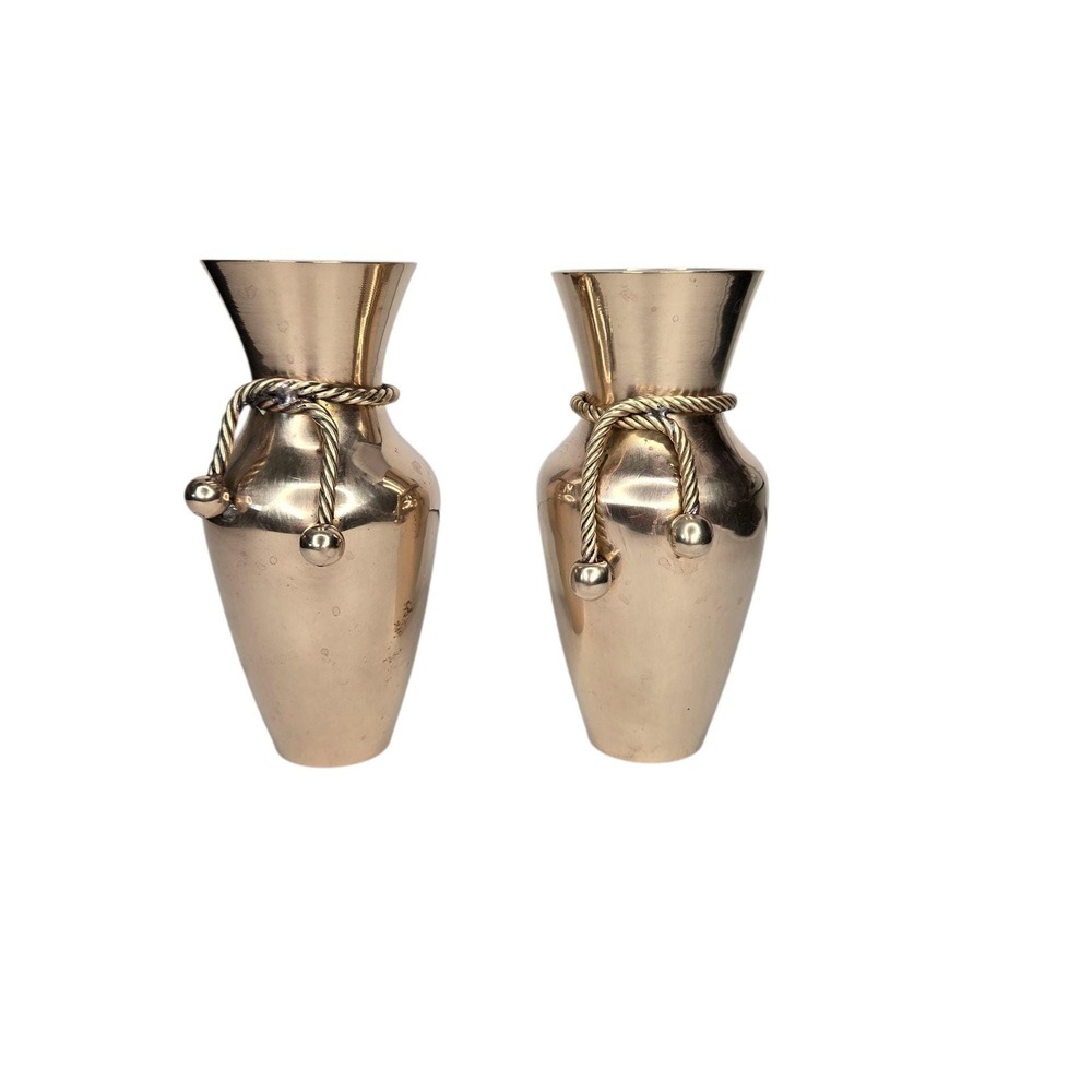 Vintage Brass Bud Vase Set Of 2 with Twisted Rope Tassels Made In India 5" Tall